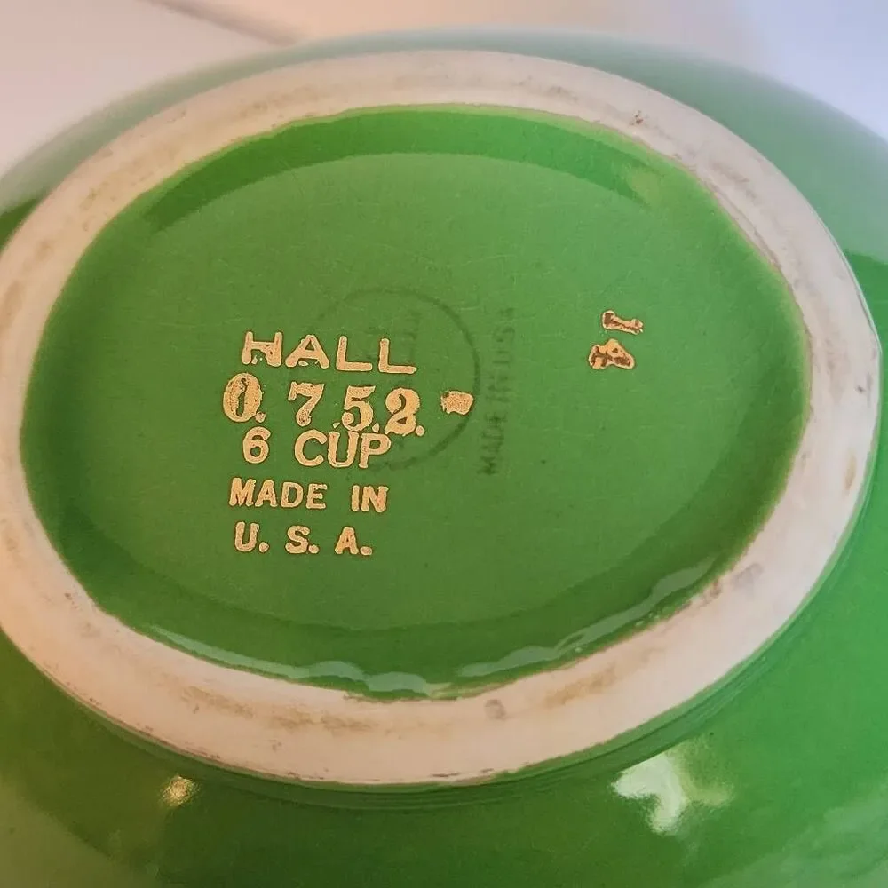 Vintage Hall China Art Deco Tea Pot 6Cup Green Glaze And Gold Floral Trim and Ac